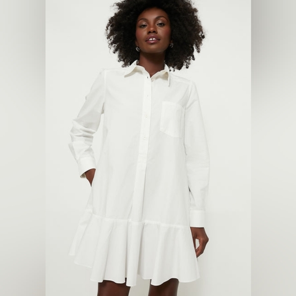 TUCKERNUCK White Cotton Swiss Dot Button Up WithRuffle Shirt Dress US XS